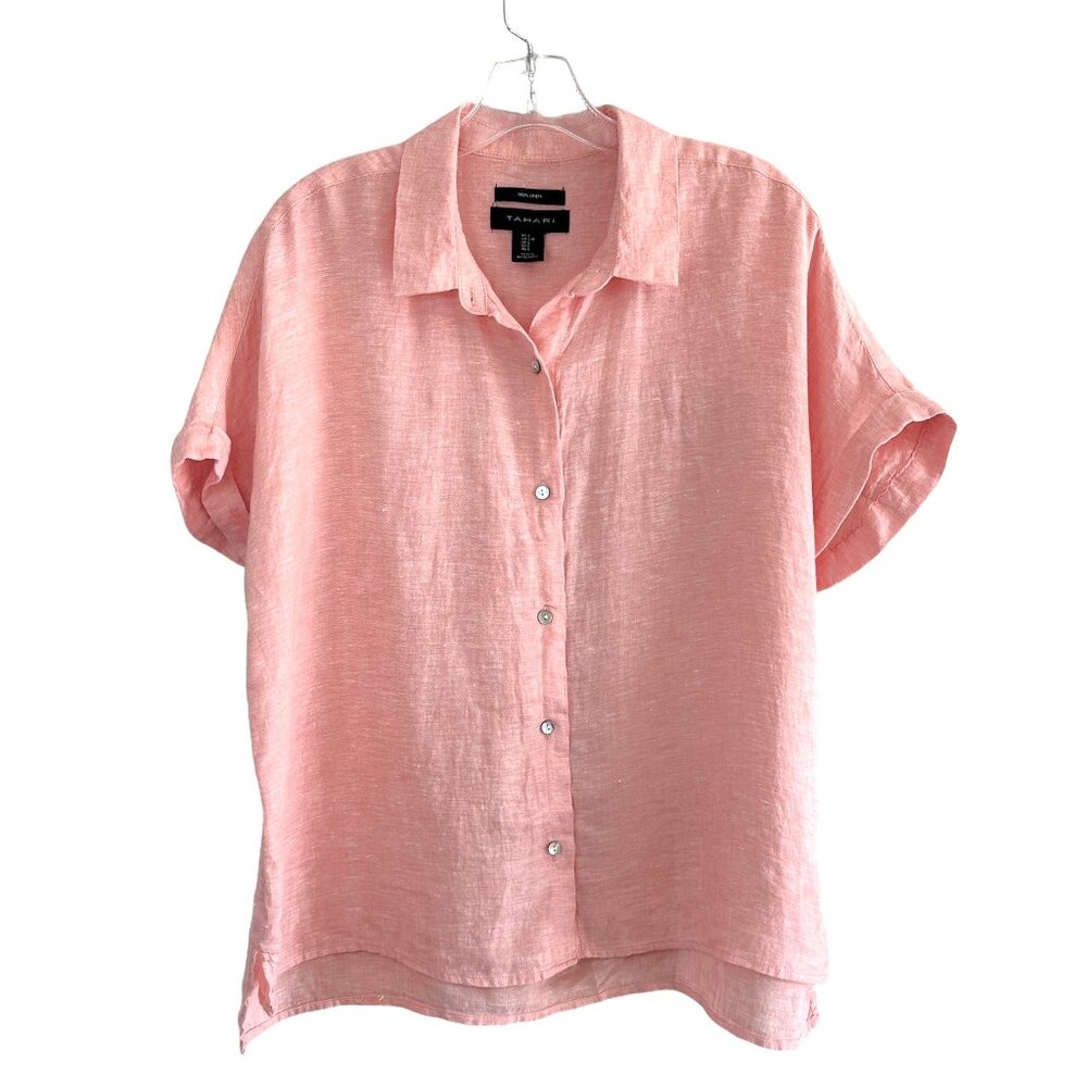 Tahari Coral 100% Linen Short Sleeve Button Up Top